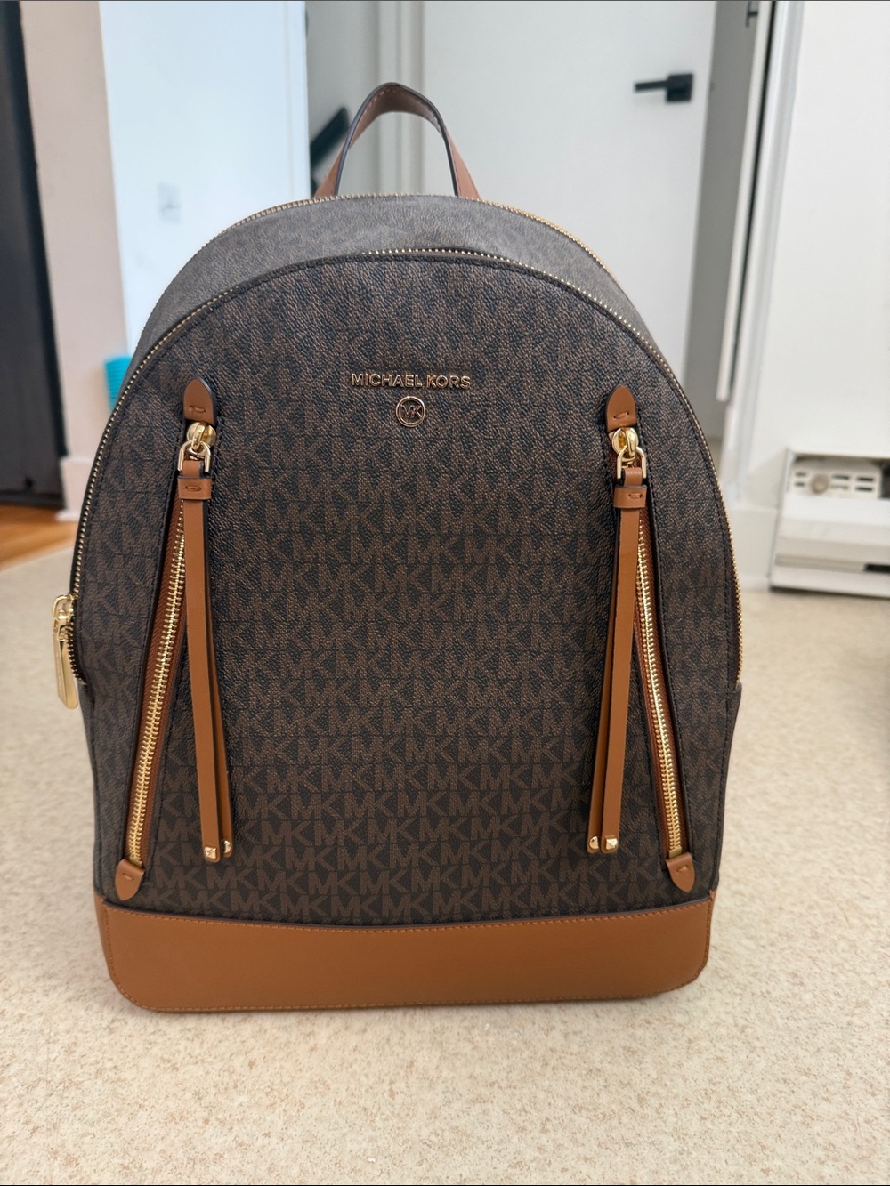 Michael Kors Brown Monogram & Tan Trim Backpack